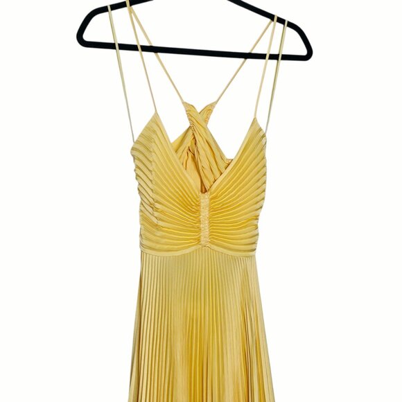 A.L.C. Aries Yellow Accordion Pleated Satin Cut Out Open Back Maxi Dress Gown 2 - Picture 6 of 14